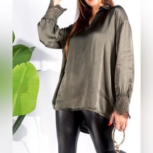 Olive Green Satin Touch Blouse Made in Italy M/L